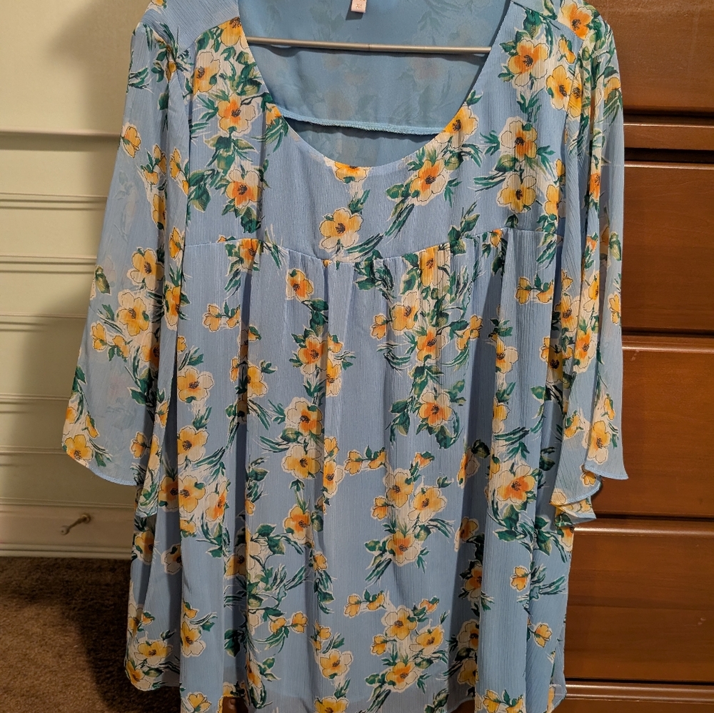 Floral Blue Blouse with Yellow Flowers